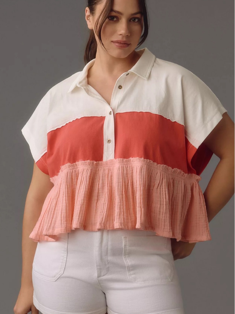 Anthropologie Pilcro Bonfire Rugby Top white pink stripe gauze shirt